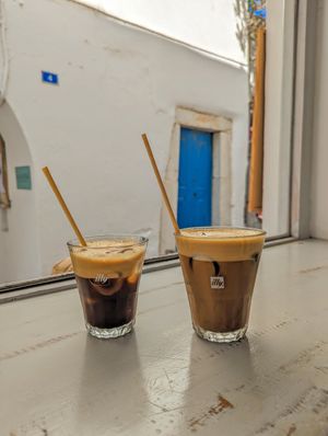 Freddo espresso and freddo cappuccino with almond milk at Mikro Cafe in Paros