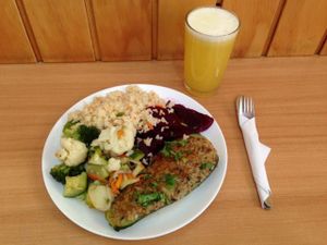 zapallo relleno, verduras, arroz, jugo natural at Vege Melody in Talca