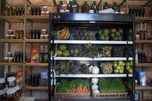 Fruits welcoming you at the entrance (one of 2 entrances). at Flax & Kale - Placa Castella in Barcelona