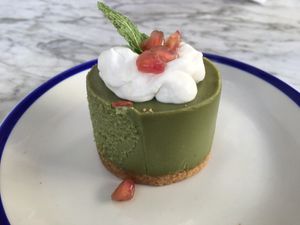 Matcha cheesecake at Flax & Kale - Placa Castella in Barcelona