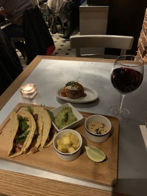 Tacos and wine  at Flax & Kale - Placa Castella in Barcelona