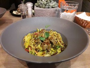 Peanut sauce noodles at Green Pumpkin in Riga