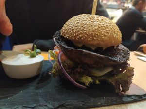 Burger with mushrooms at Green Pumpkin in Riga