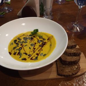 vegan pumpkin soup (highly recommend) at Green Pumpkin in Riga