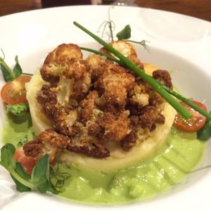 tempura cauliflower on mashed potatoes (vegan) at Green Pumpkin in Riga