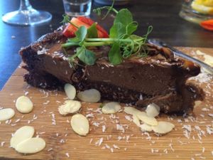 Raw chocolate and peanut cake at Green Pumpkin in Riga