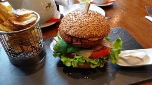 Spicy red bean burger...excellent and not too spicy  at Green Pumpkin in Riga