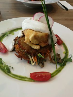 Tofu, latkes and mayo, weird :)  at Green Pumpkin in Riga