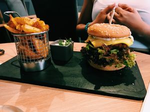 Fishless burger with extra cheese  at Green Pumpkin in Riga