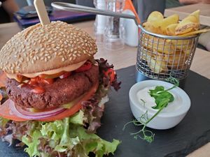 Spicy red bean burger at Green Pumpkin in Riga