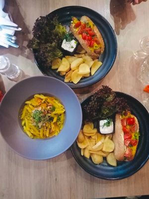 Vegetable Hot Dogs and Pumpkin pasta   at Green Pumpkin in Riga