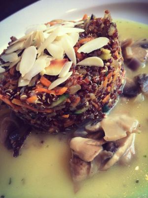 quinoa vegetable tower with mushroom sauce.
 at Green Pumpkin in Riga