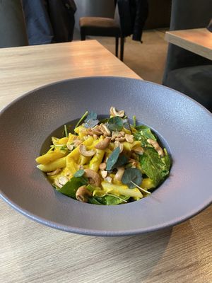 Penne pasta with pumpkin and cashew. Tasty! at Green Pumpkin in Riga
