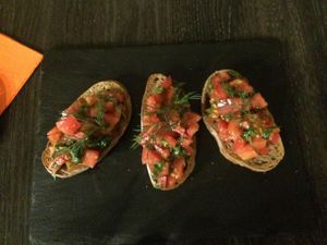 Bruschetta.. delicious starter. at Green Pumpkin in Riga