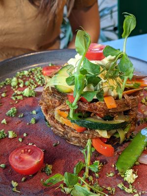 Potato rosti with vegetables and garlic sauce at Green Pumpkin in Riga