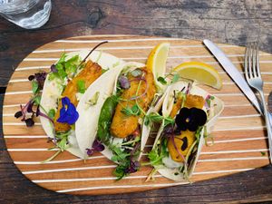 Banana blossom fish taco and edible blooms  at The Shroom Room in Christchurch
