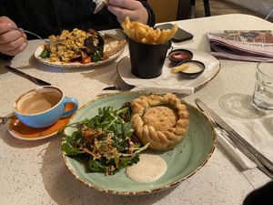 Vegan harvest, soy flat white, mushroom pie, fries   at The Shroom Room in Christchurch