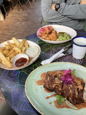 Fries, popcorn tofu and chimichanga  at The Shroom Room in Christchurch