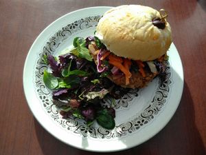 Jackfruit burger & salad for $8 at The Shroom Room in Christchurch