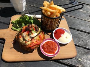 Vegan corn fritters with fries and aioli  at The Shroom Room in Christchurch
