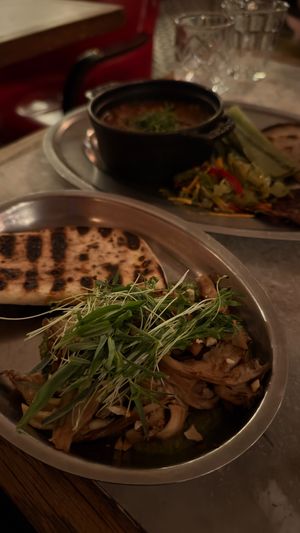 Vegan Mushroom dish with naan  at Cafe Stamba in Tbilisi
