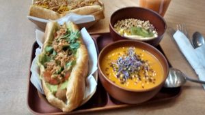 Hot dogs, soup and dessert at Le Tricycle in Paris