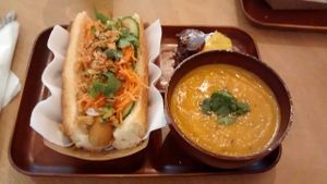 Asian Hot-dog, soup and brownie (all vegan) at Le Tricycle in Paris