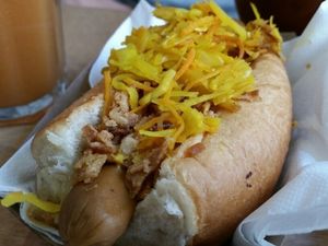 hotdog with carrot at Le Tricycle in Paris