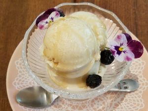 vanilla ice cream with edible flowers at Cafe Sora in Jogasaki