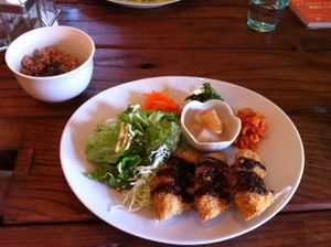 Kurumafu plate - served with brown rice and miso soup (all vegan)  at Cafe Sora in Jogasaki