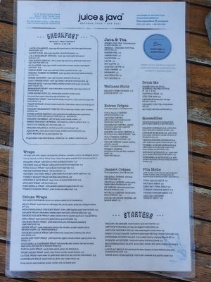 Menu at Juice and Java in Miami Beach