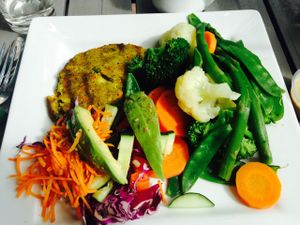 steamed vegetable platter with veggie burger  at Juice and Java in Miami Beach