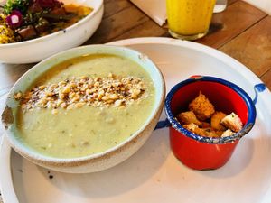 Appetizer pra and seeds soup and croutons. at Org Bistro in Rio De Janeiro