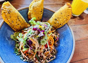 Plate of the day for wednesdays. Sweet potato empanadas and heart of palm and vegetable pasta. at Org Bistro in Rio De Janeiro