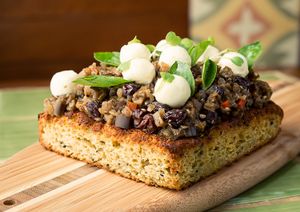 Focaccia with eggplants, basil and goat cheese at Org Bistro in Rio De Janeiro