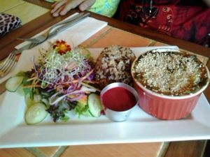 Roots and spinach gratin, whole grain rice and salad. at Org Bistro in Rio De Janeiro