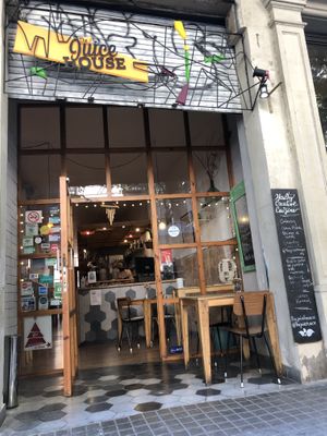 Exterior.  There are 3 outdoor tables as well . at The Juice House in Barcelona