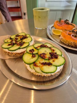 Vegan Spicy Cucumber Bagel, Graved Salmon Bagel and Matcha Drink at EVERYTHING bagels & coffee in Berlin