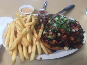 Deep fried bean chili burger w/fries at BBQ4Life in Boise