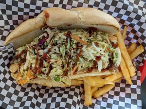 Smoked Tempeh Sandwich with fries at BBQ4Life in Boise
