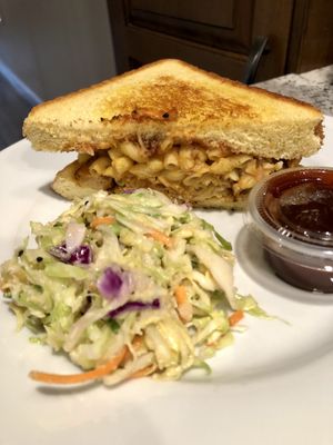 Vegan-Foot Sandwich (tempeh/Mac n cheese with bbq sauce) and a side of slaw  at BBQ4Life in Boise