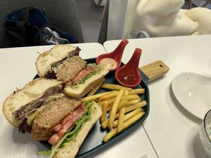 Sichuan peppercorn burger with fries  at Veggie Macau in Macau