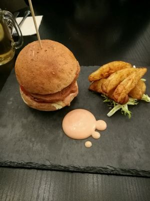 Vegan 'ham and cheese' burger with wedges at Veggie Macau in Macau