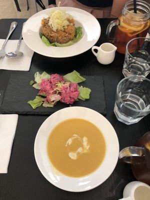 Sweet potato + quinoa salad, beet + potato salad, and the daily soup (vegan) at Veggie Macau in Macau