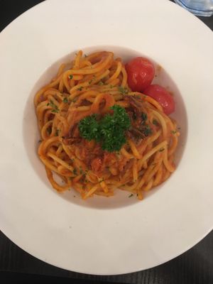 Vegan Spicy meatball spaghetti (very nice!) at Veggie Macau in Macau
