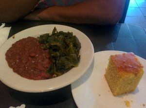 Red beans & rice, collard greens, corn bread at Soul Vegetarian in Tallahassee