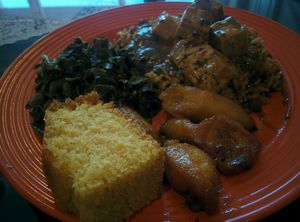Tuesday's special, tofu over beans & rice, collards, plantains & cornbread. Delicious! at Soul Vegetarian in Tallahassee