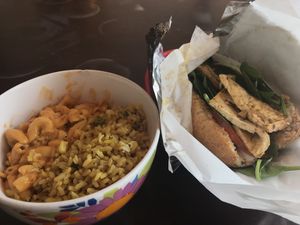 Curried tofu sandwich with vegan mac n cheese and Hebrew rice.  at Soul Vegetarian in Tallahassee