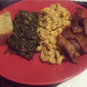 BBQ tofu, Mac & cheez, & collards.  at Soul Vegetarian in Tallahassee