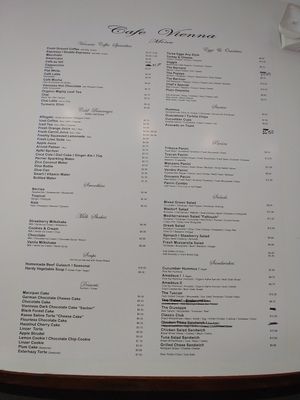 Menu at Cafe Vienna in Princeton